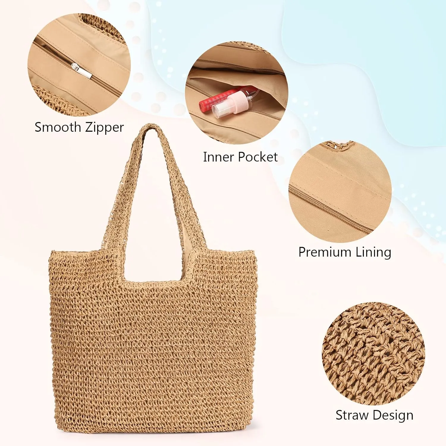 Straw Beach Bag, Women Tote Bag Woven Shoulder Bag, Handmade Large Summer Handbag Hobo Bag for Beach Picnic Vacation