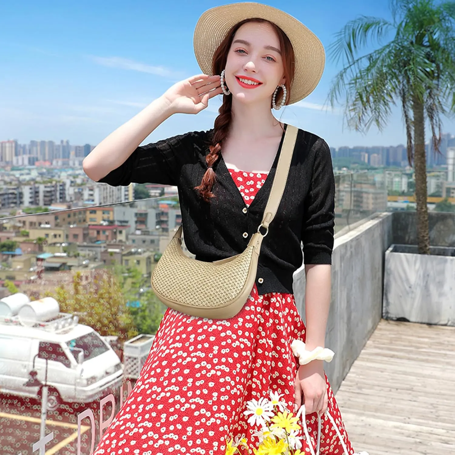 Straw Beach Shoulder Bags for Women Crescent Summer Woven Clutch Purse Vacation Handbags Underarm Hobo Tote Bag 2025