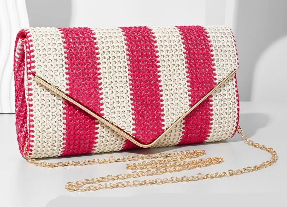 Straw Clutch Purse for Women Color-block Striped Woven Evening Bag Summer Beach Envelope Purse Crossbody Shoulder Bag