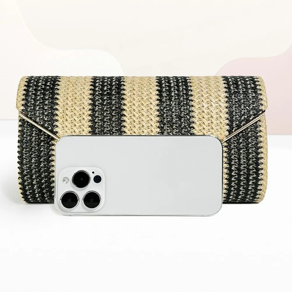 Straw Clutch Purse for Women Color-block Striped Woven Evening Bag Summer Beach Envelope Purse Crossbody Shoulder Bag