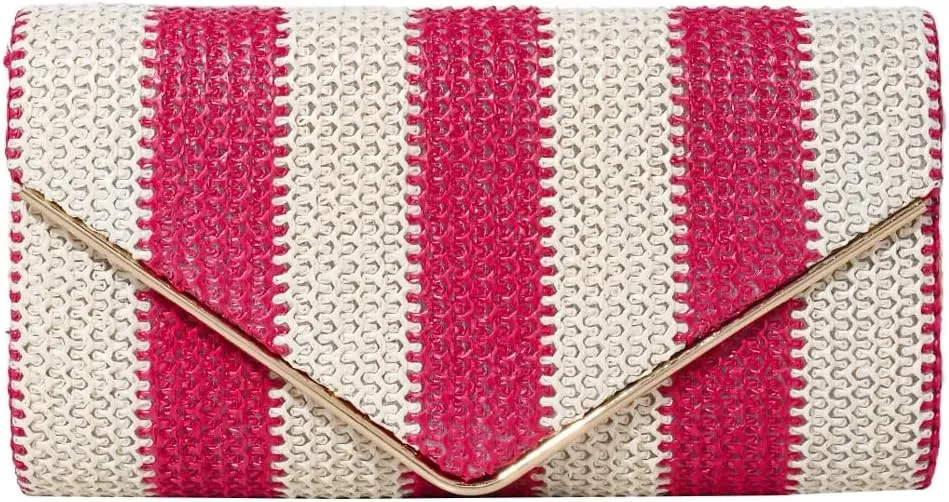 Straw Clutch Purse for Women Color-block Striped Woven Evening Bag Summer Beach Envelope Purse Crossbody Shoulder Bag