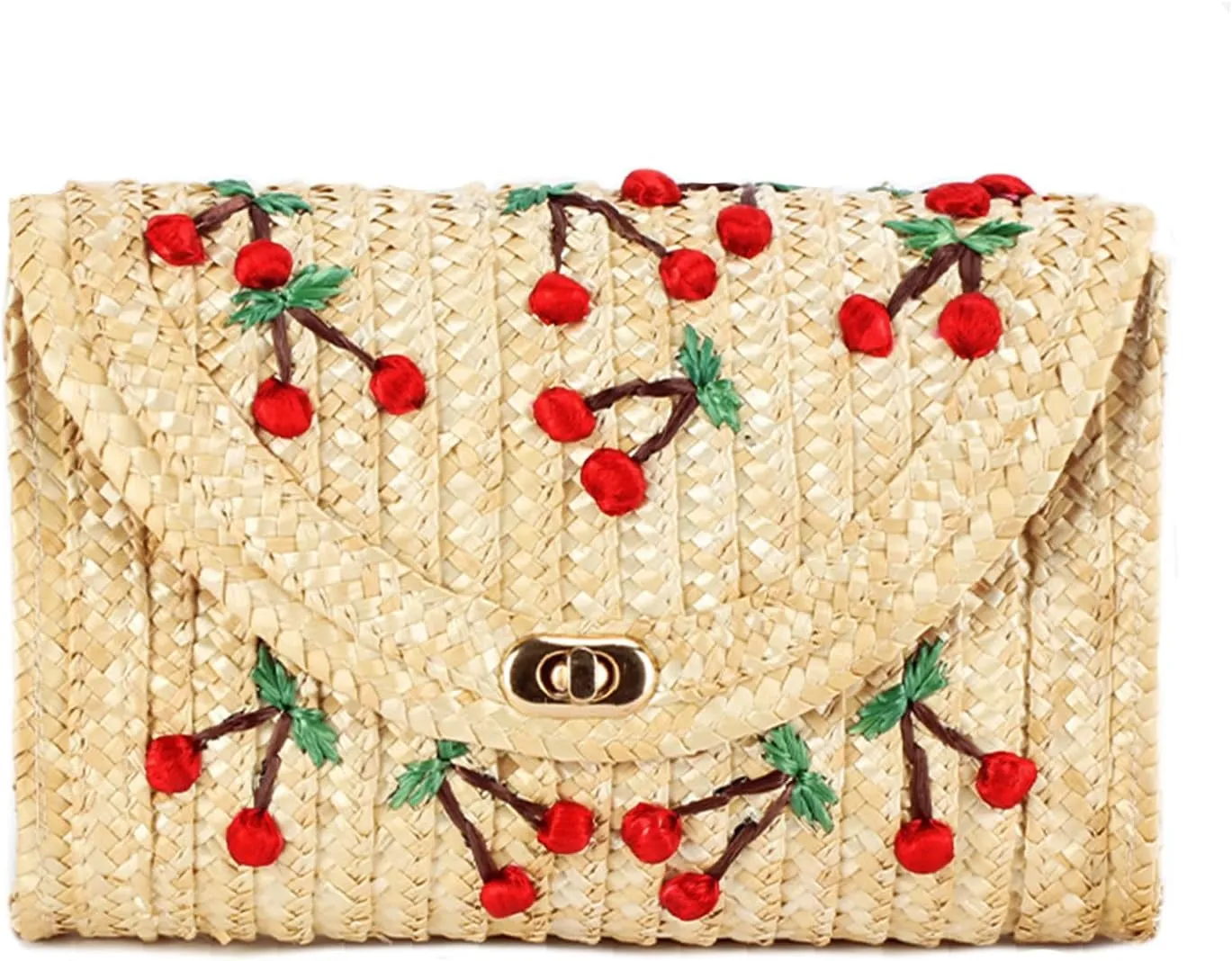Straw Crossbody Purses for Women Summer Straw Purse Vacation Beach Shoulder Bags Envelope Woven Cherry Clutch Handbags