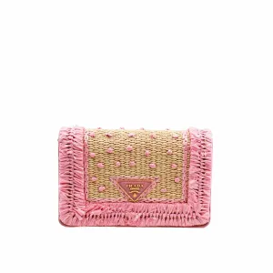 Straw Embroidered Small Shoulder Bag Naturale Astrale Pink ghw