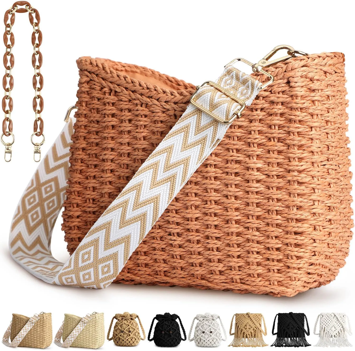Straw Handbags Purses Crossbody Pocketbook Bag Casual Woven Beach Bags Summer Hobo Hippie Chic Tote Bags with Chain