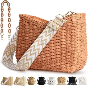 Straw Handbags Purses Crossbody Pocketbook Bag Casual Woven Beach Bags Summer Hobo Hippie Chic Tote Bags with Chain