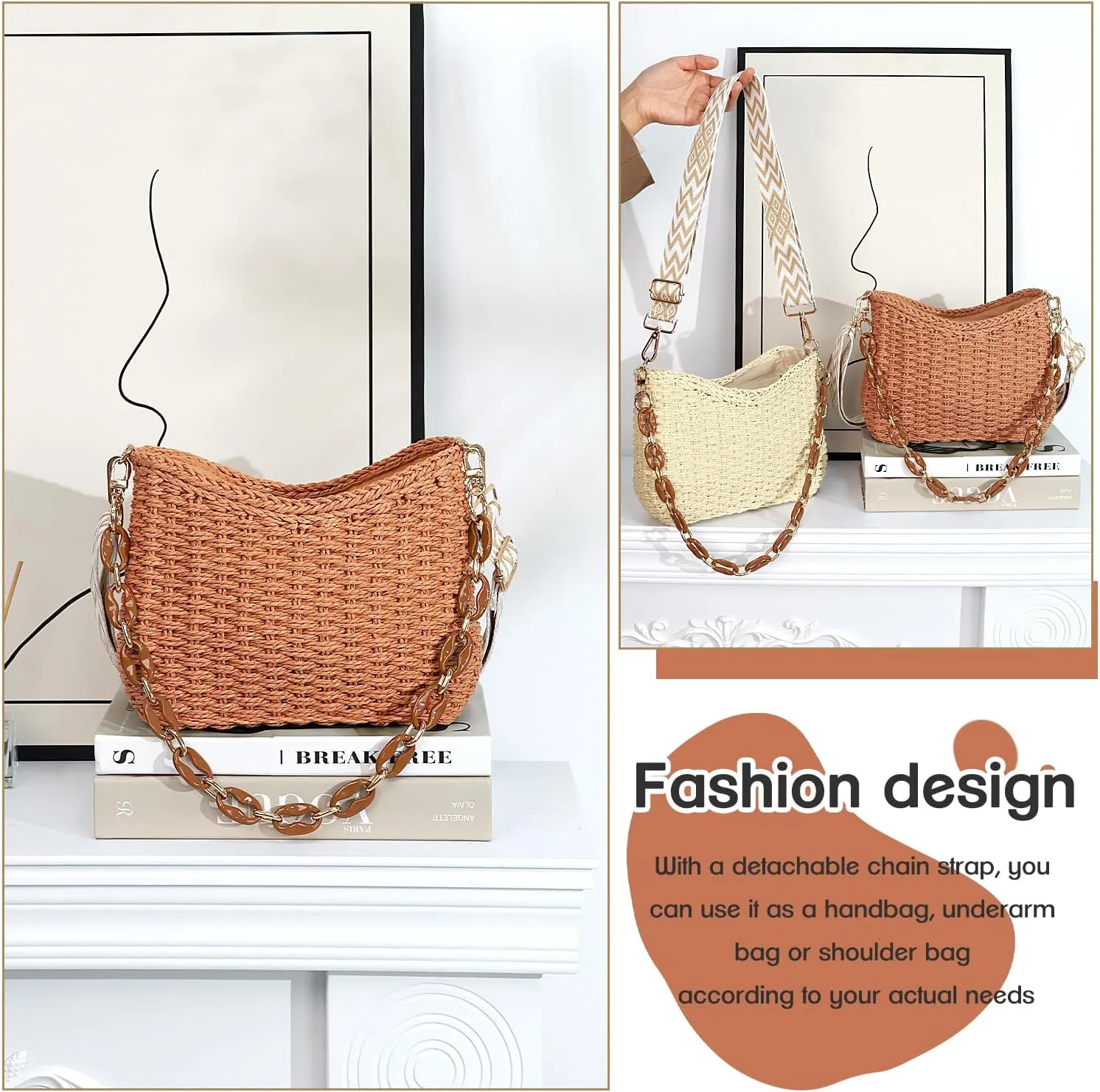 Straw Handbags Purses Crossbody Pocketbook Bag Casual Woven Beach Bags Summer Hobo Hippie Chic Tote Bags with Chain