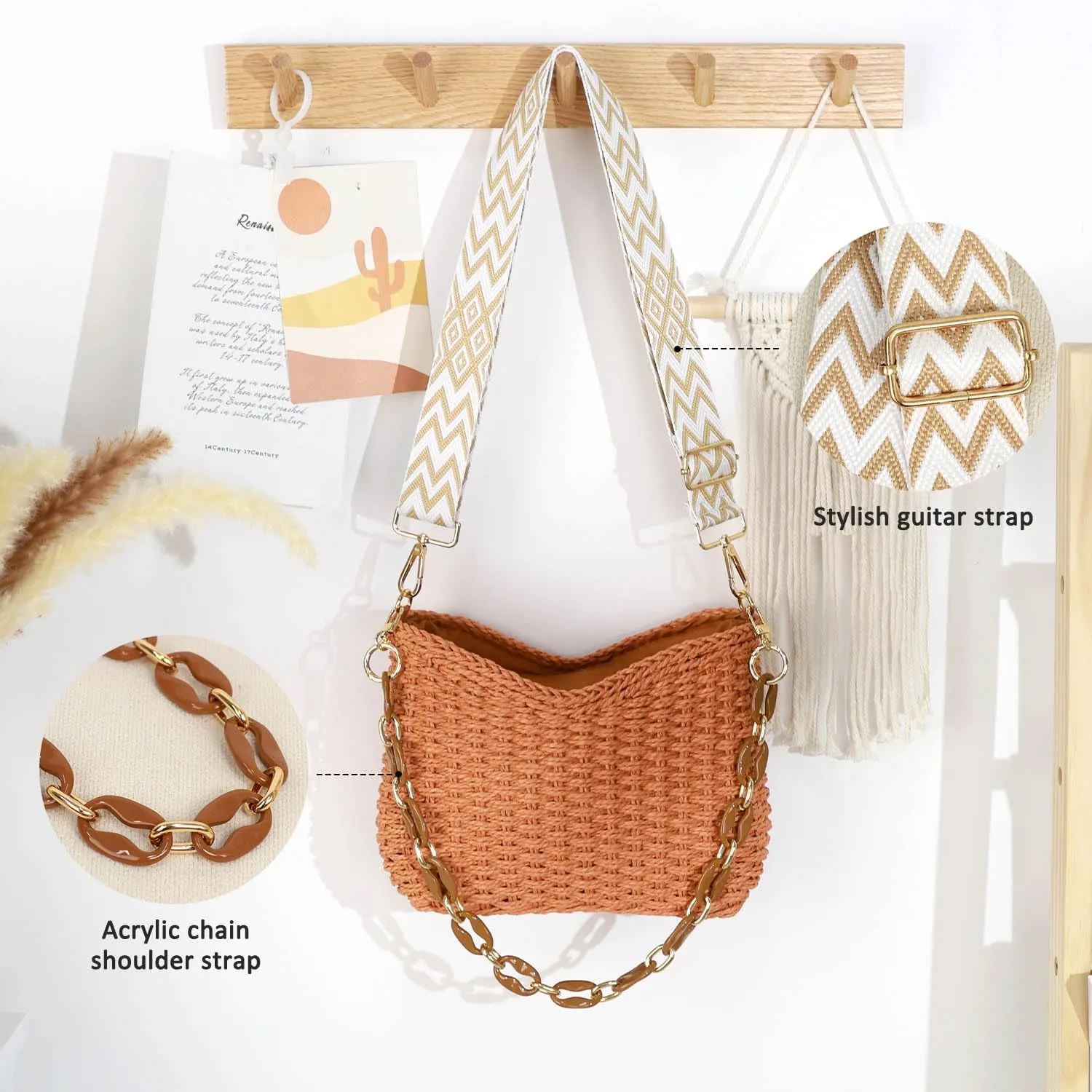 Straw Handbags Purses Crossbody Pocketbook Bag Casual Woven Beach Bags Summer Hobo Hippie Chic Tote Bags with Chain