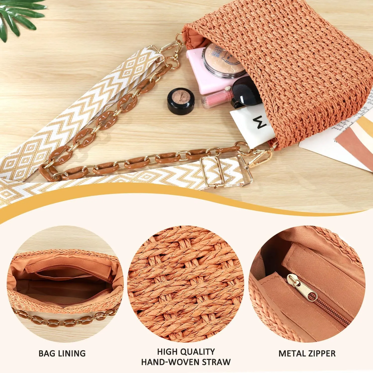 Straw Handbags Purses Crossbody Pocketbook Bag Casual Woven Beach Bags Summer Hobo Hippie Chic Tote Bags with Chain