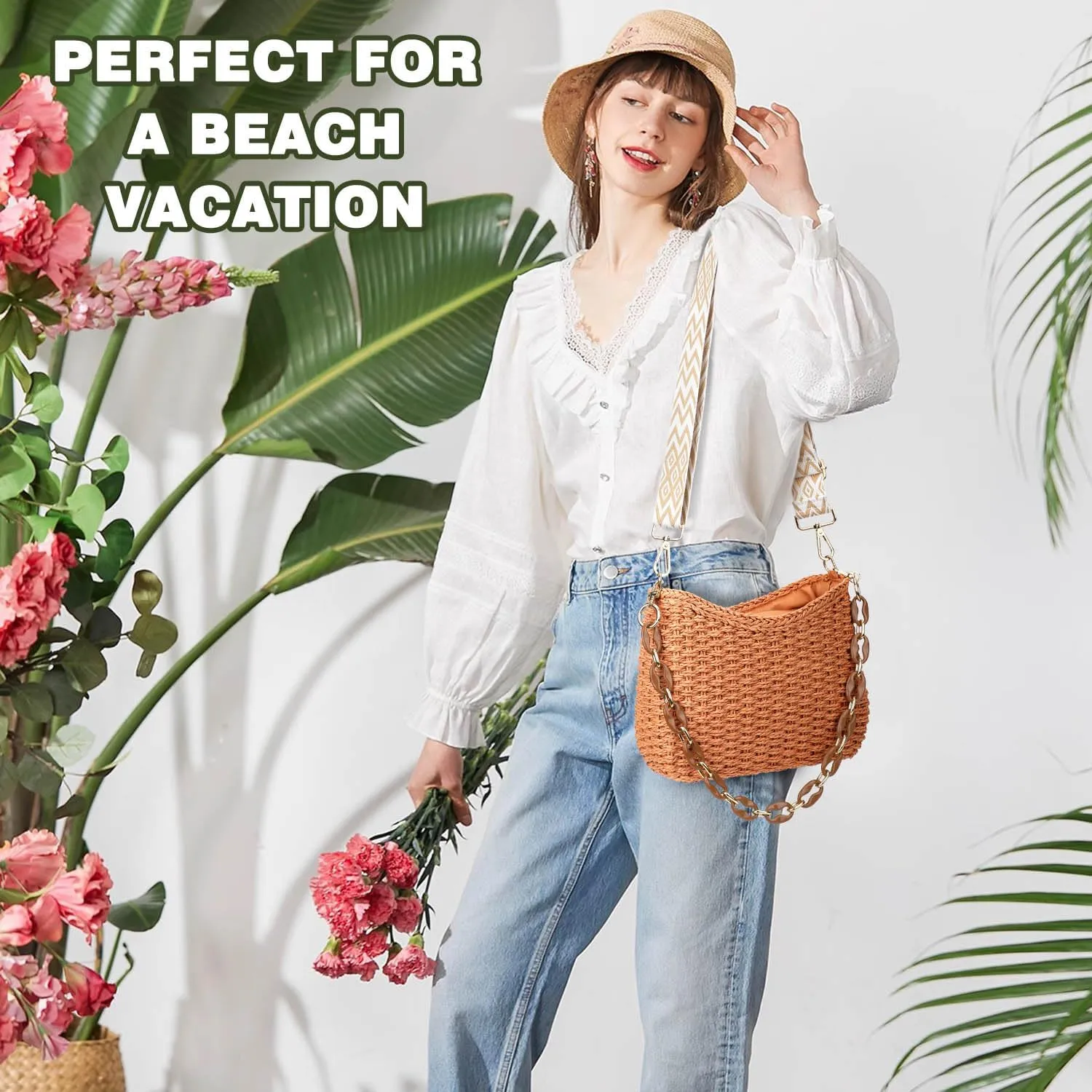 Straw Handbags Purses Crossbody Pocketbook Bag Casual Woven Beach Bags Summer Hobo Hippie Chic Tote Bags with Chain