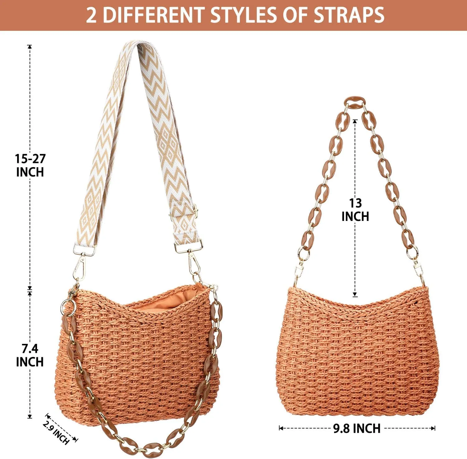 Straw Handbags Purses Crossbody Pocketbook Bag Casual Woven Beach Bags Summer Hobo Hippie Chic Tote Bags with Chain