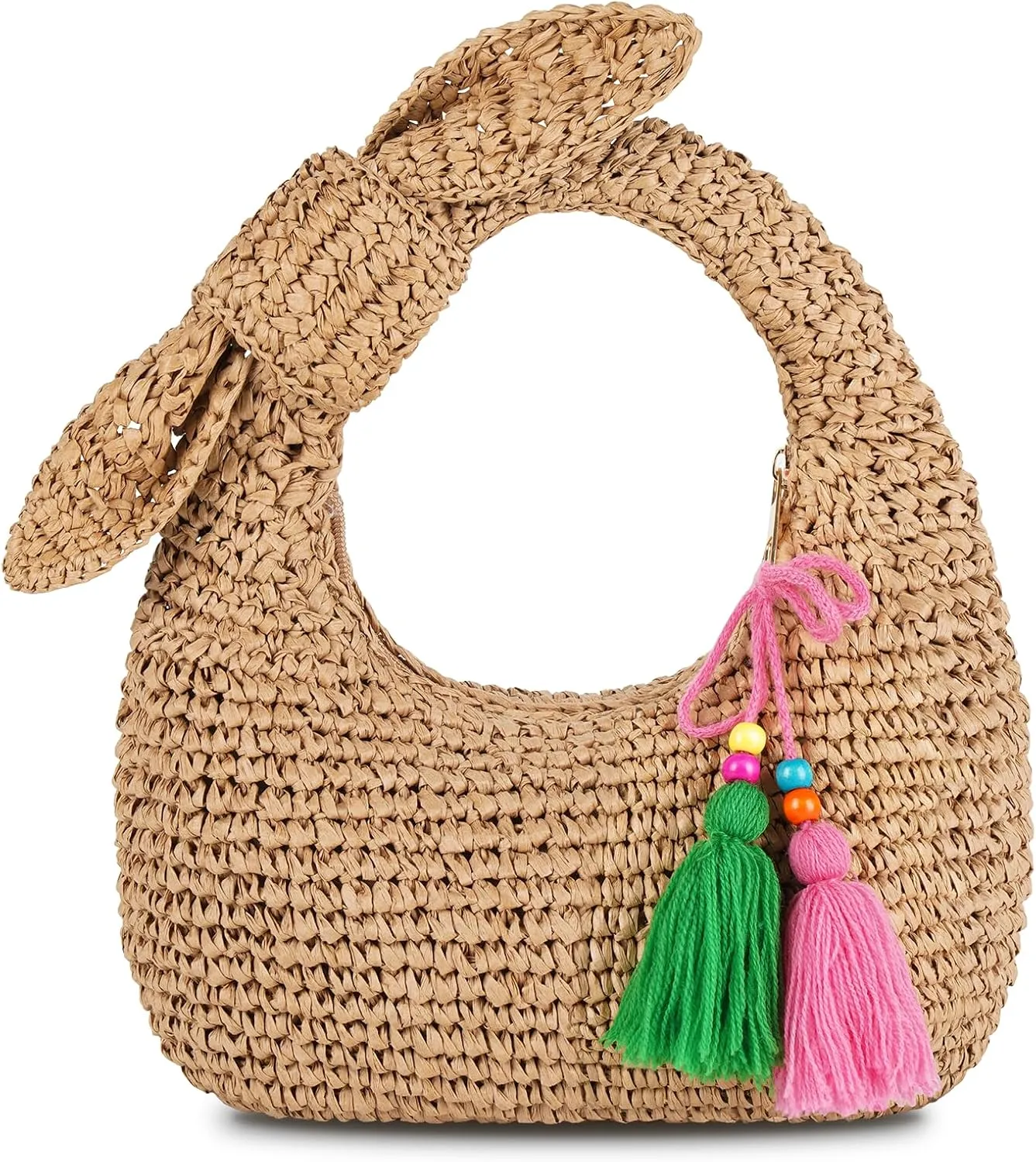 Straw Handbags Small Tote Purse Bow Knotted Straw Clutch with Tassels for Summer Beach Travel