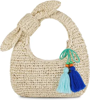 Straw Handbags Small Tote Purse Bow Knotted Straw Clutch with Tassels for Summer Beach Travel