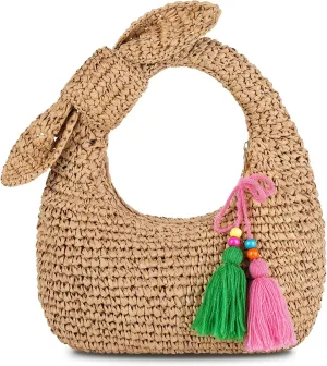 Straw Handbags Small Tote Purse Bow Knotted Straw Clutch with Tassels for Summer Beach Travel
