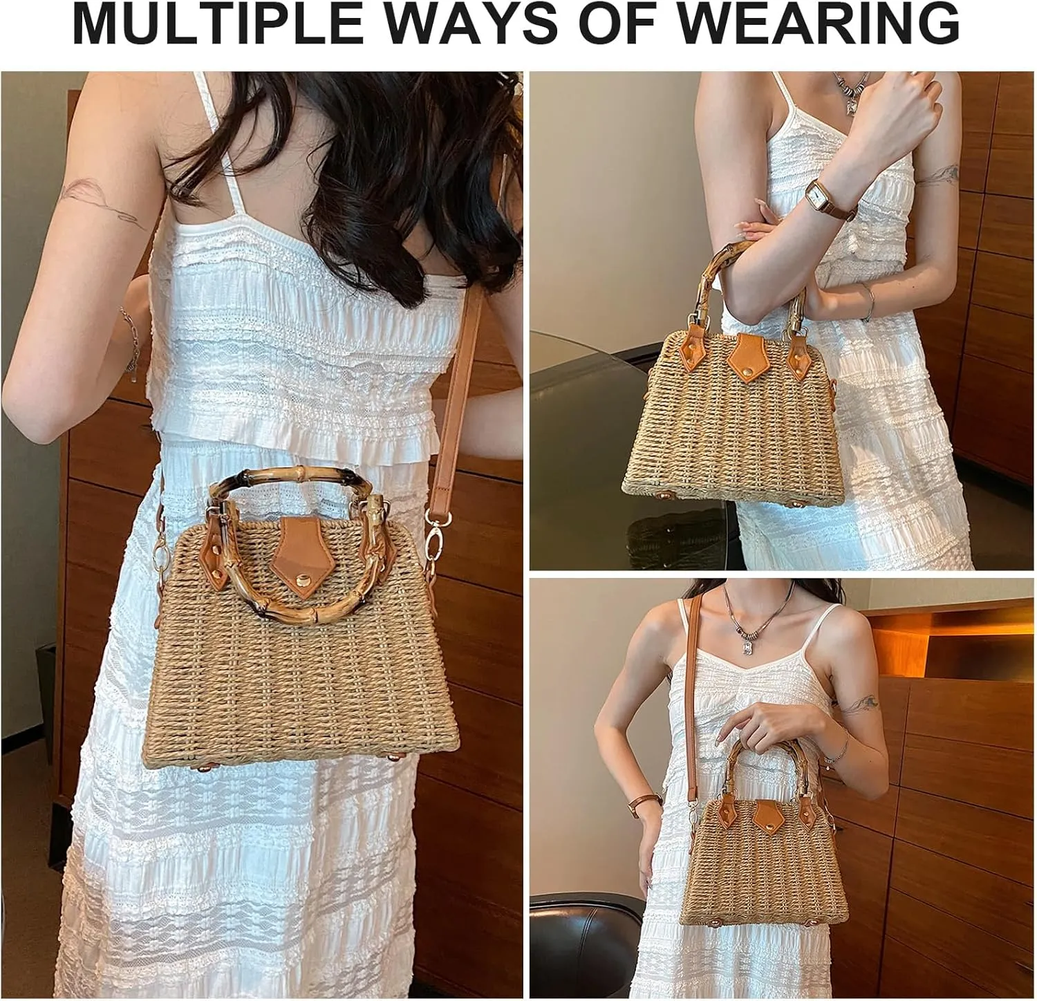 Straw Purses for Women Trendy Summer Woven Tote Bag Straw Basket Crossbody Wicker Purses and Handbags with Bamboo Handle