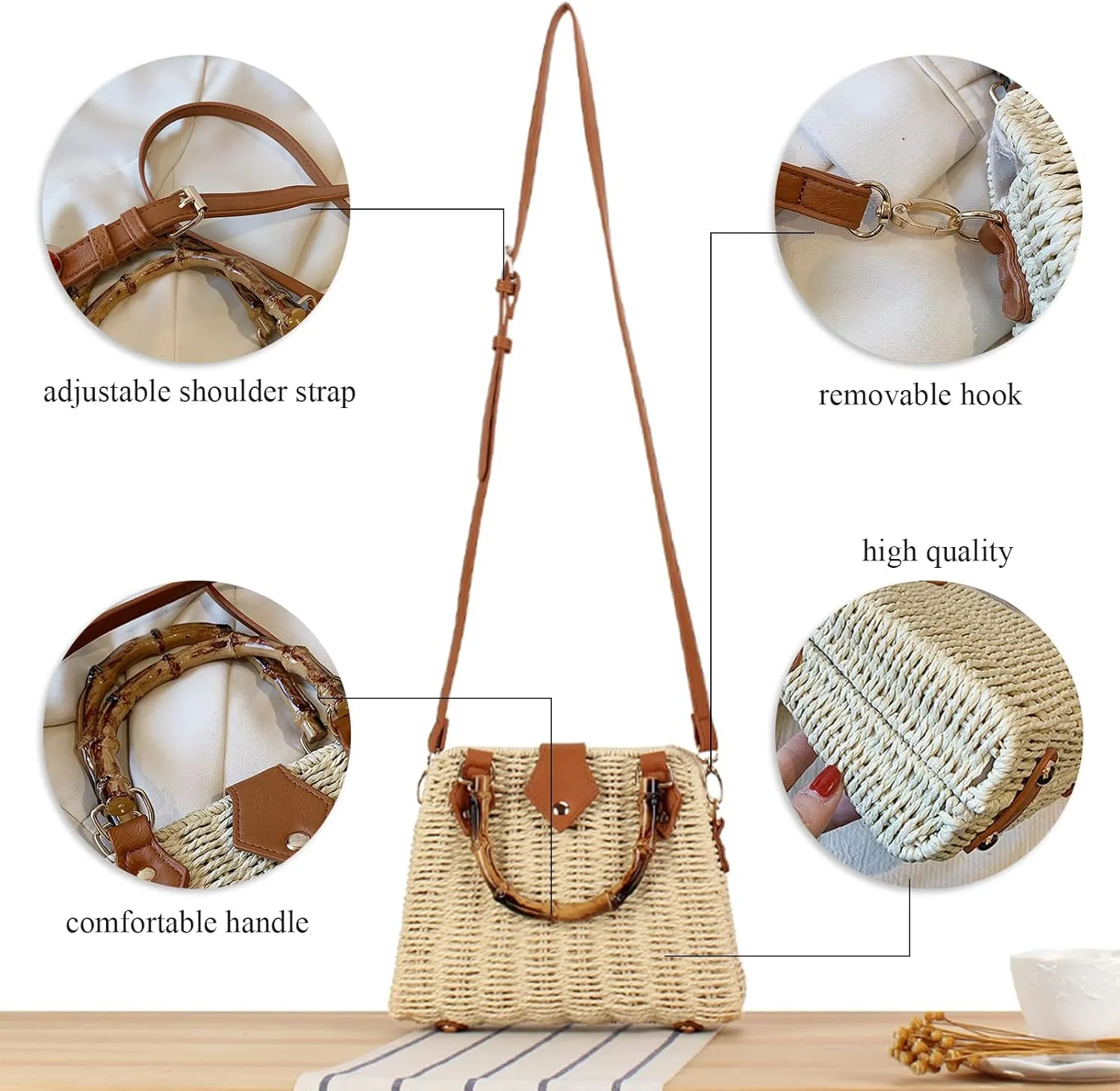Straw Purses for Women Trendy Summer Woven Tote Bag Straw Basket Crossbody Wicker Purses and Handbags with Bamboo Handle