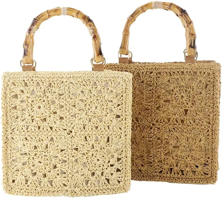 Straw Tote Bags for Beach Women Summer Floral Woven Shoulder Purse Travel Beach Handbag Handmade Purse