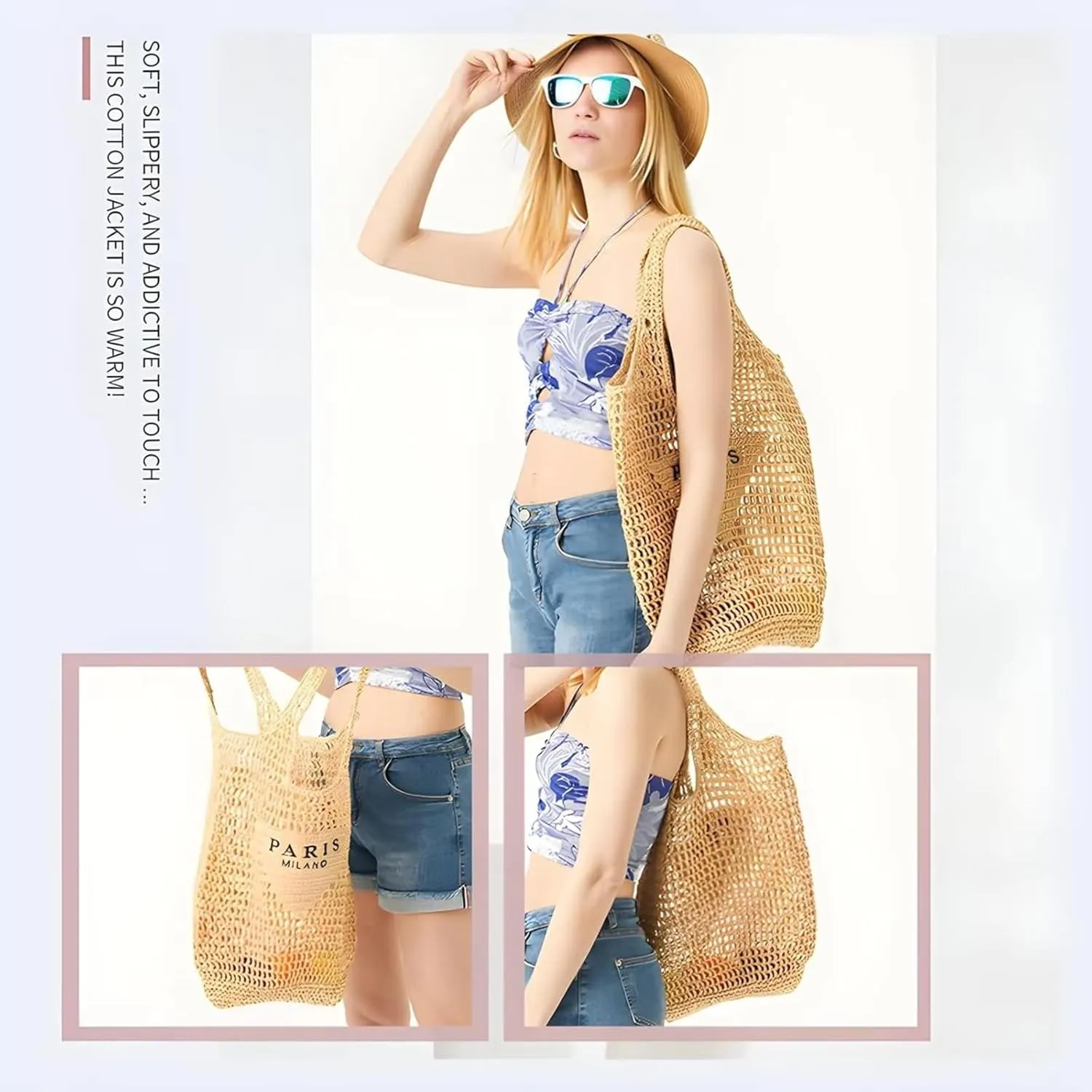 Straw Woven Bag Women’s Beach Bag Fashion Crochet Shoulder Bag Hobo Bag Foldable Tote Bag for Holiday Picnic