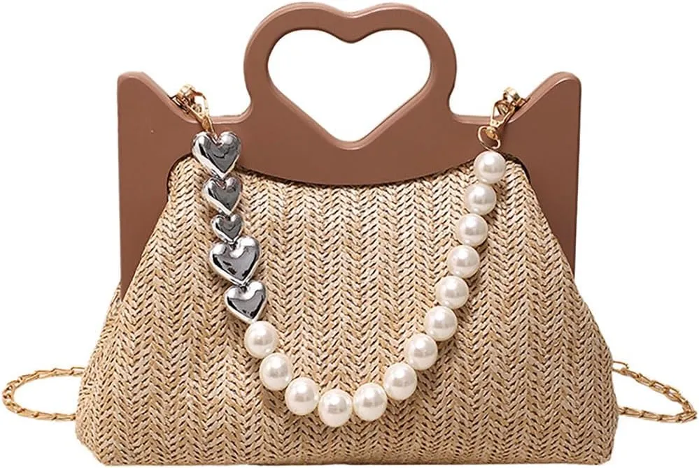 Straw Woven Tote Bag for Women Fashion Love Heart Straw Pearl Handbag Beach Basket Purse for Summer Vacation Travel