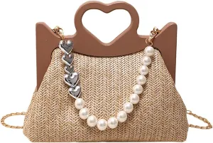 Straw Woven Tote Bag for Women Fashion Love Heart Straw Pearl Handbag Beach Basket Purse for Summer Vacation Travel