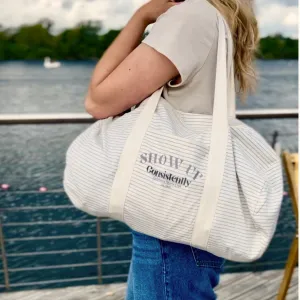 Striped Barrel Bag - Cream & Grey | The Epiphany Closet - Sports Bag
