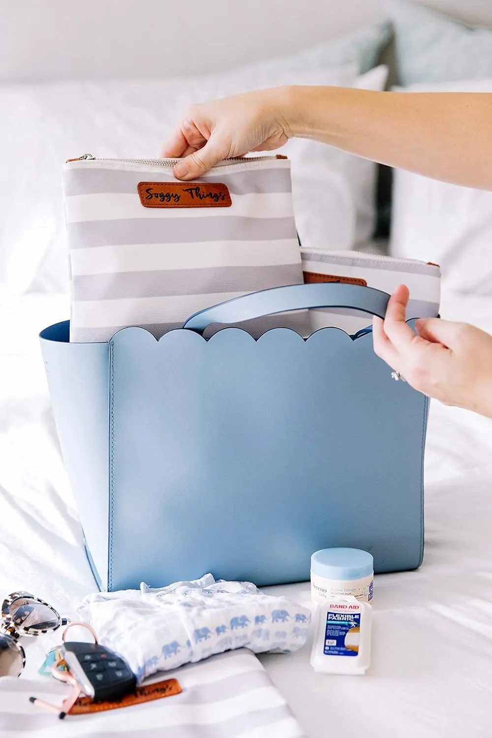 Stylish Diaper Bag Organizing Pouches - XL Set of 4 Gray and White Striped Canvas Diaper Bag Pouches with Leather Embossed Labels, Leather Wristlet Strap & Durable Metal Zippers