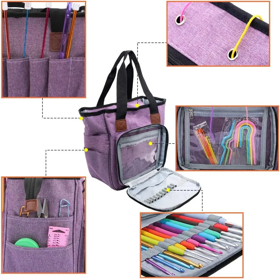 SumDirect Yarn Bag, Knitting Organizer Tote Bag Portable Storage Bag for Yarns, Carrying Projects, Knitting Needles, Crochet Hooks, Manuals and Other Accessories (Purple)