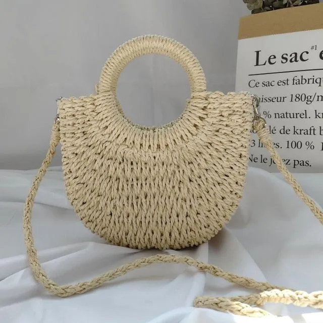 Summer Handmade Bags for Women Beach Weaving Ladies Straw Bag Wrapped Beach Bag Moon shaped Top Handle Handbags Totes
