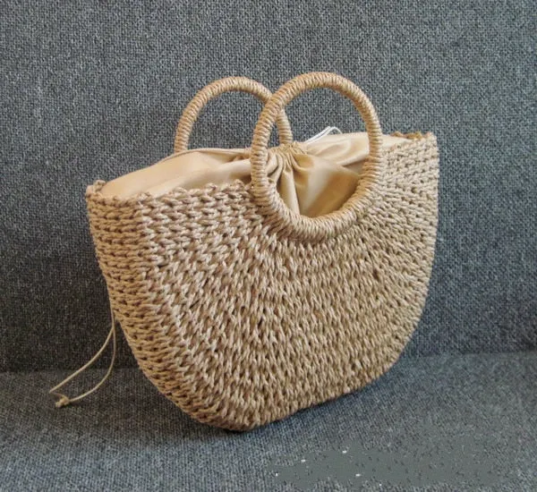Summer Handmade Bags for Women Beach Weaving Ladies Straw Bag Wrapped Beach Bag Moon shaped Top Handle Handbags Totes