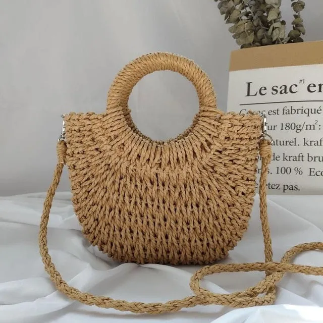 Summer Handmade Bags for Women Beach Weaving Ladies Straw Bag Wrapped Beach Bag Moon shaped Top Handle Handbags Totes