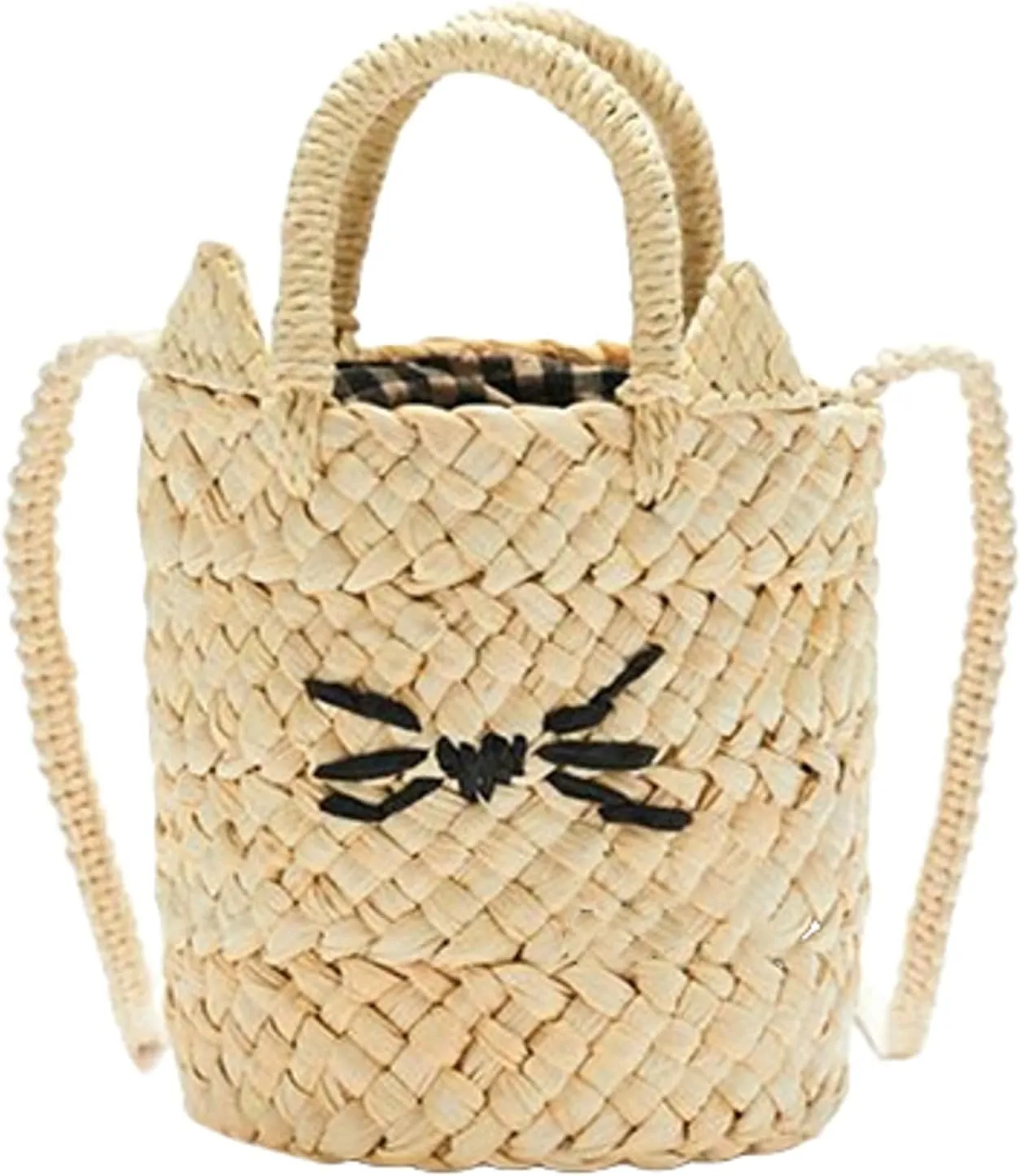 Summer Straw Bucket Bag Cat Ears Handbag Shoulder Crossbody Cute Corn Husk Woven