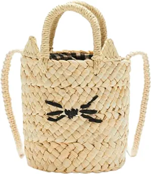 Summer Straw Bucket Bag Cat Ears Handbag Shoulder Crossbody Cute Corn Husk Woven