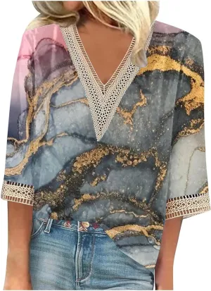 Summer Tops for Women 2024 Trendy Boho Floral Print Lace v Neck 3/4 Sleeve Shirts Dressy Casual Plus Size Blouses