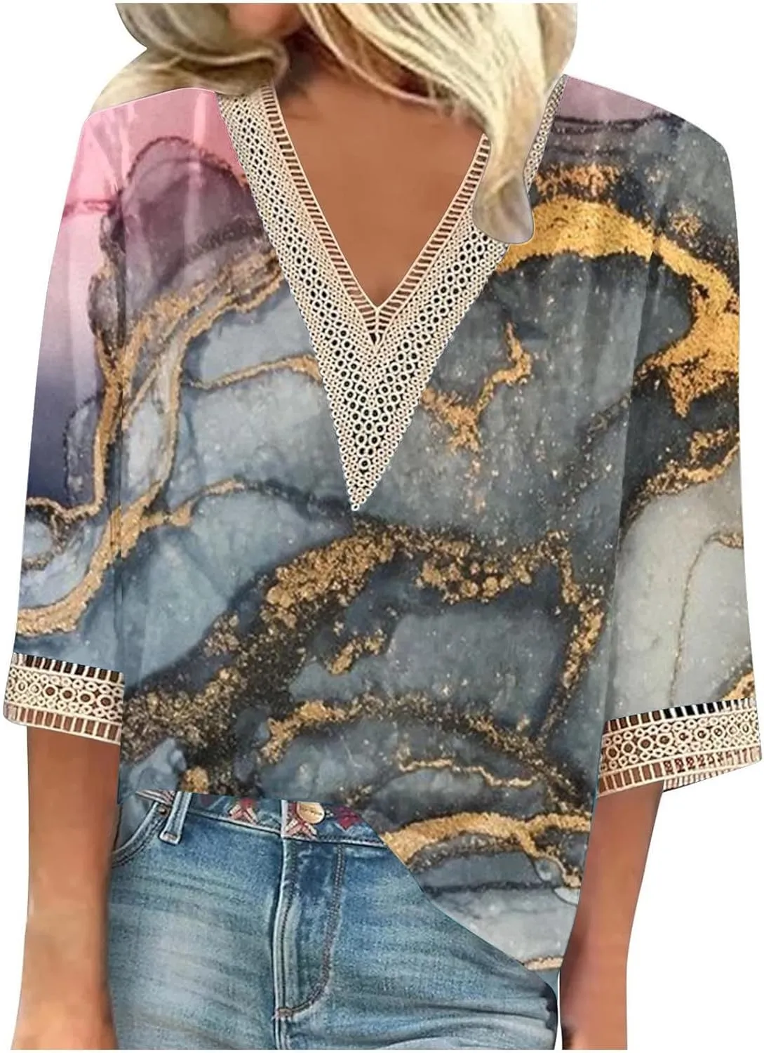 Summer Tops for Women 2024 Trendy Boho Floral Print Lace v Neck 3/4 Sleeve Shirts Dressy Casual Plus Size Blouses