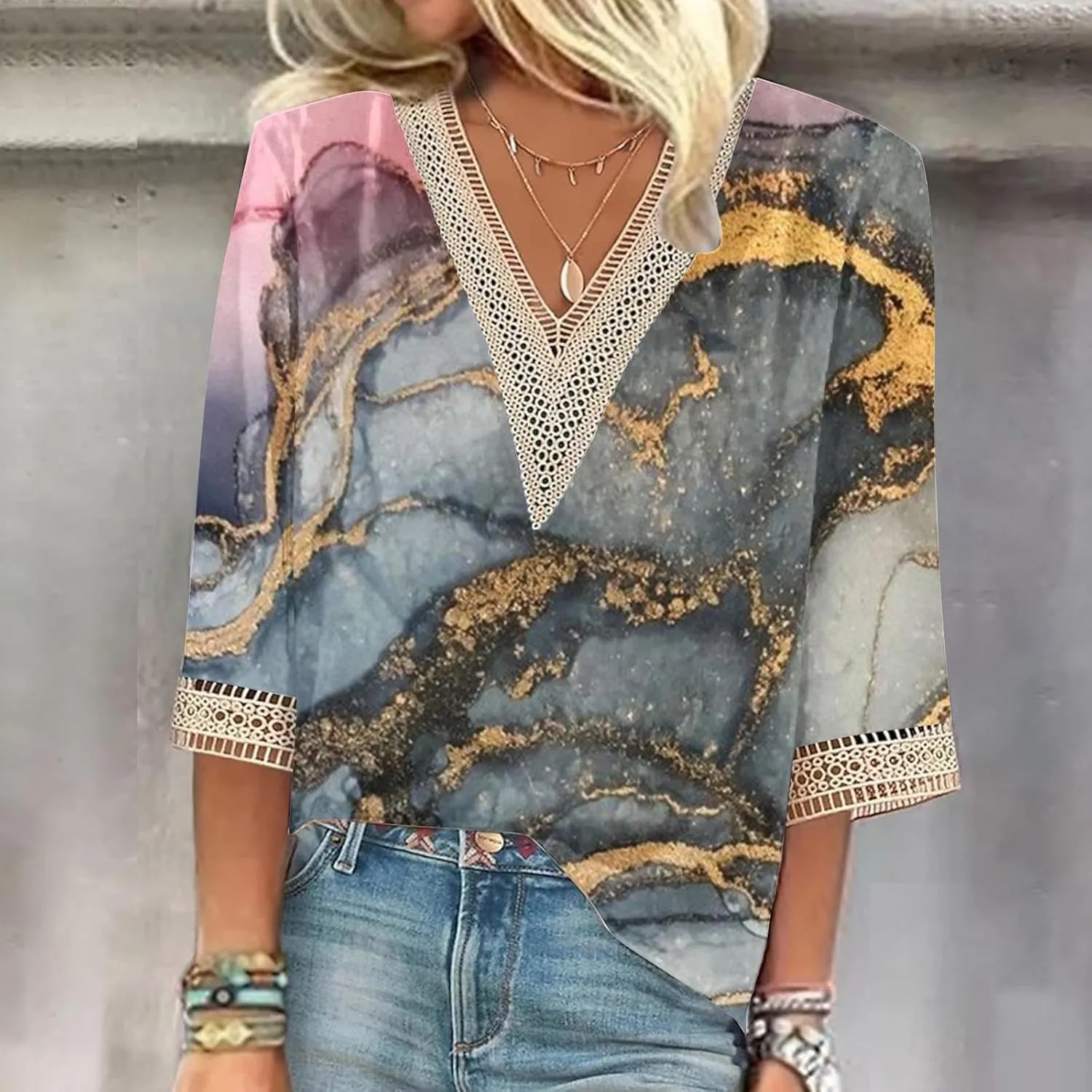 Summer Tops for Women 2024 Trendy Boho Floral Print Lace v Neck 3/4 Sleeve Shirts Dressy Casual Plus Size Blouses