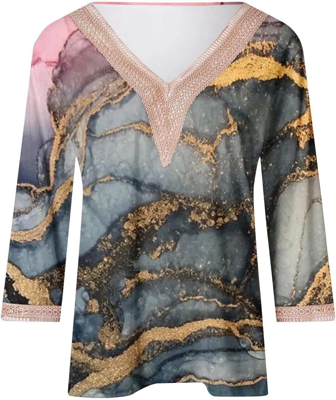 Summer Tops for Women 2024 Trendy Boho Floral Print Lace v Neck 3/4 Sleeve Shirts Dressy Casual Plus Size Blouses