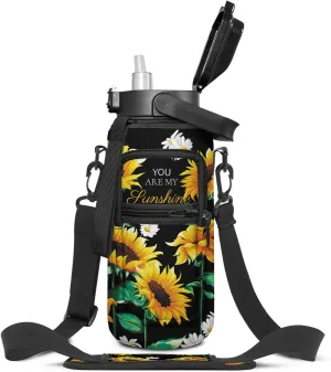 Sunflower Half Gallon Water Bottle with Sleeve - Flip Top Bpa Free 64 OZ Water Bottle - You are my sunshine Water Jug - Motivational Gym Water Bottle for Sunflower Gifts for Women
