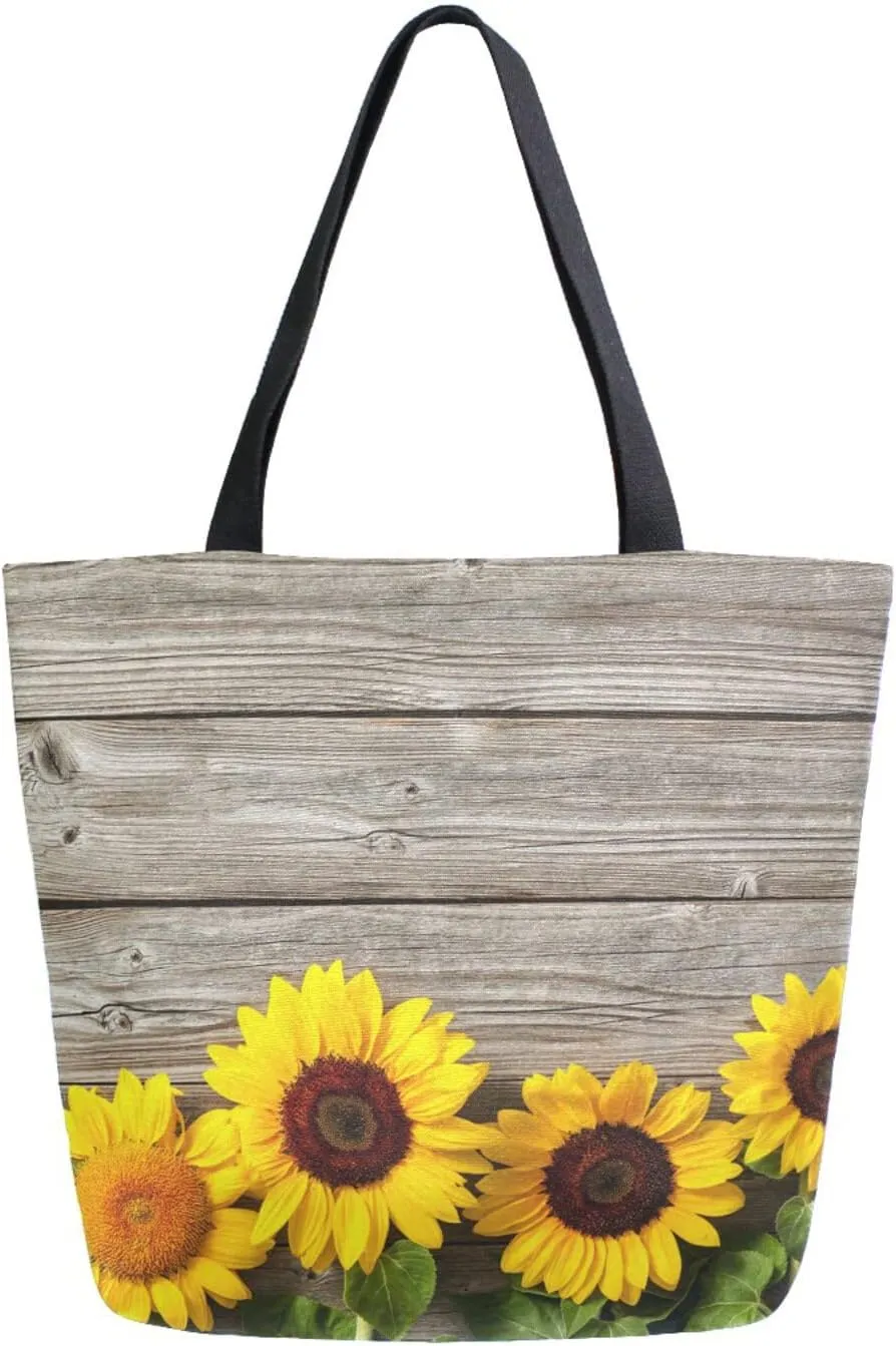Sunflower Plank Canvas Tote Bag Women Shoulder Bag Reusable Grocery Bags Large Handbag Travel Shopping Bag for School Nursing Gift Outdoors