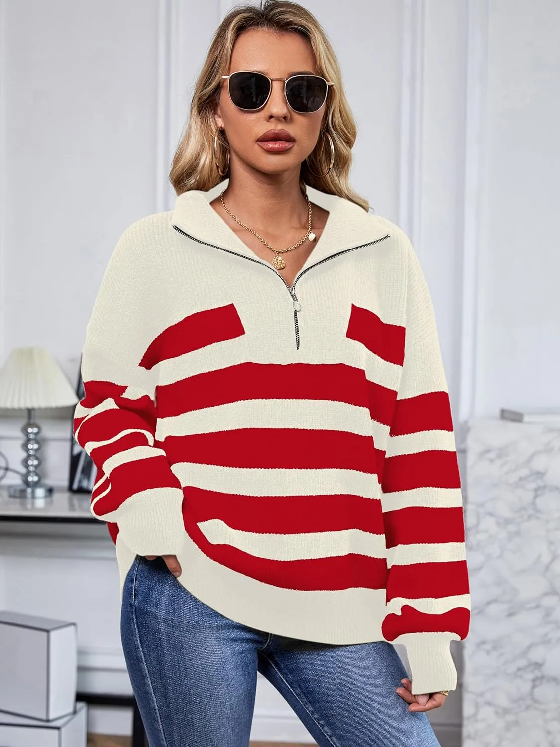 SuperPrity Womens Sweaters Oversized Striped Quarter Zip Long Sleeve V Neck Knit Pullover Tops 2024 Fall Fashion Clothes