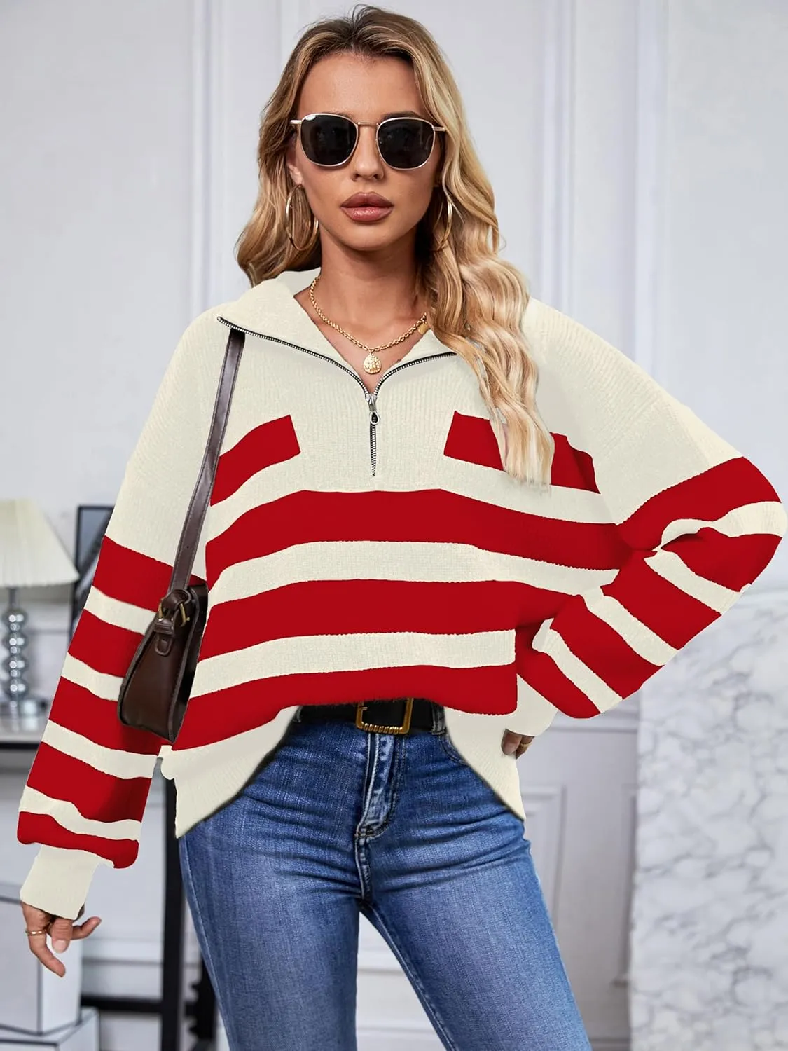 SuperPrity Womens Sweaters Oversized Striped Quarter Zip Long Sleeve V Neck Knit Pullover Tops 2024 Fall Fashion Clothes