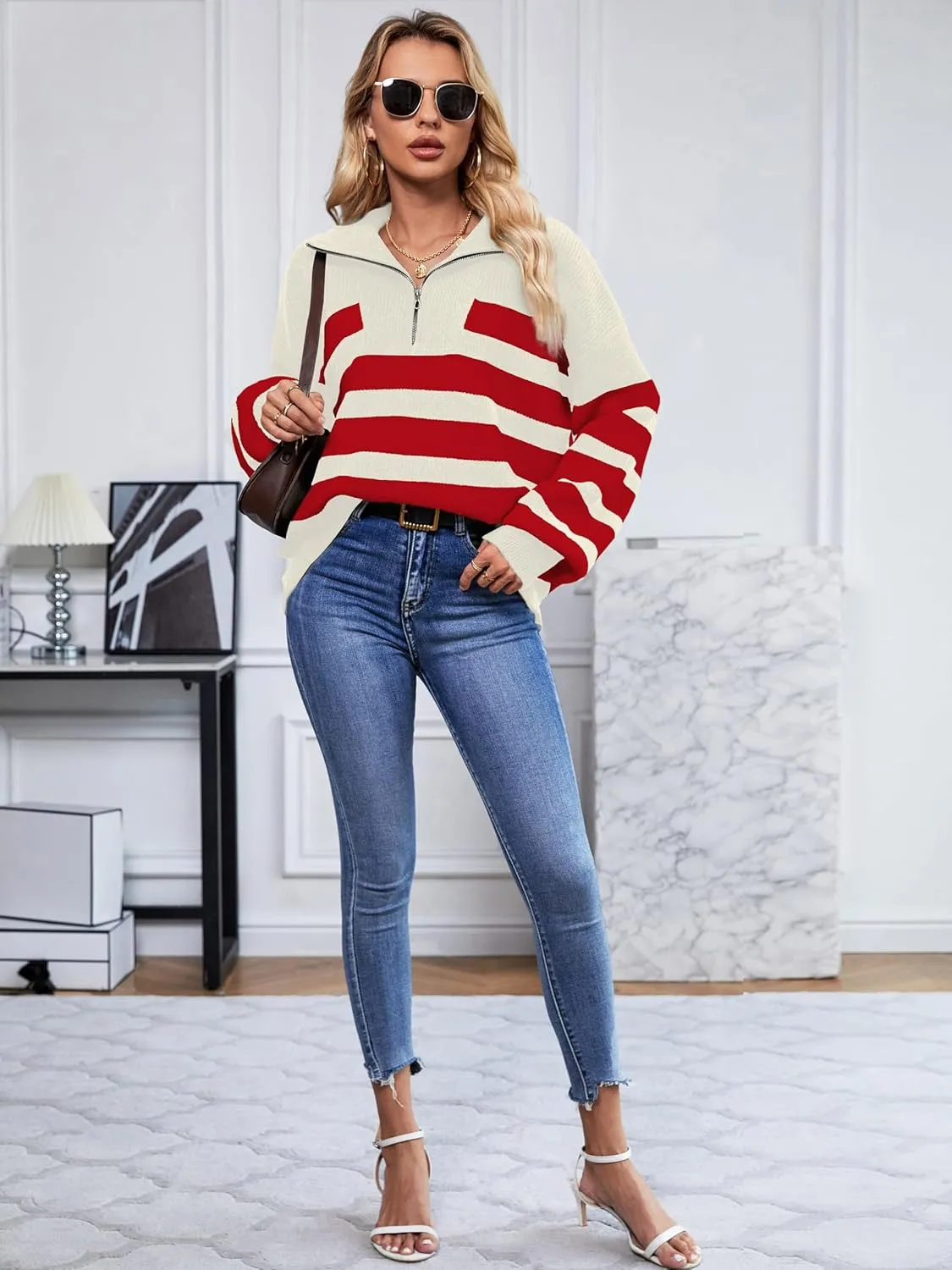 SuperPrity Womens Sweaters Oversized Striped Quarter Zip Long Sleeve V Neck Knit Pullover Tops 2024 Fall Fashion Clothes