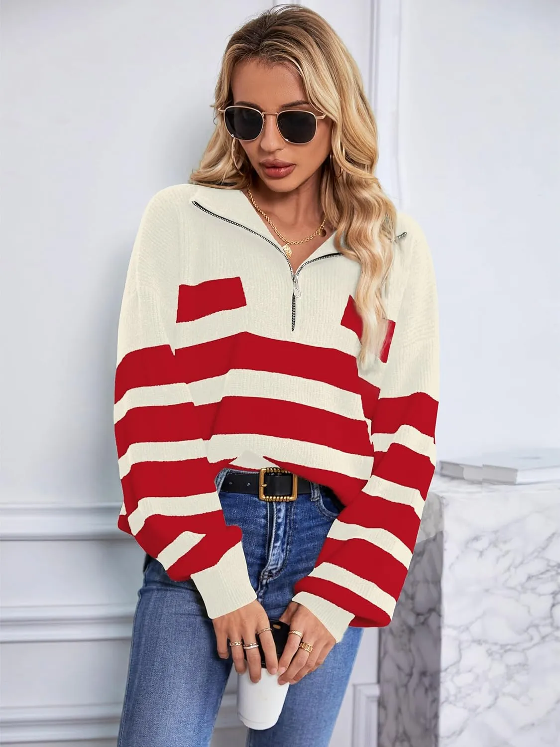 SuperPrity Womens Sweaters Oversized Striped Quarter Zip Long Sleeve V Neck Knit Pullover Tops 2024 Fall Fashion Clothes