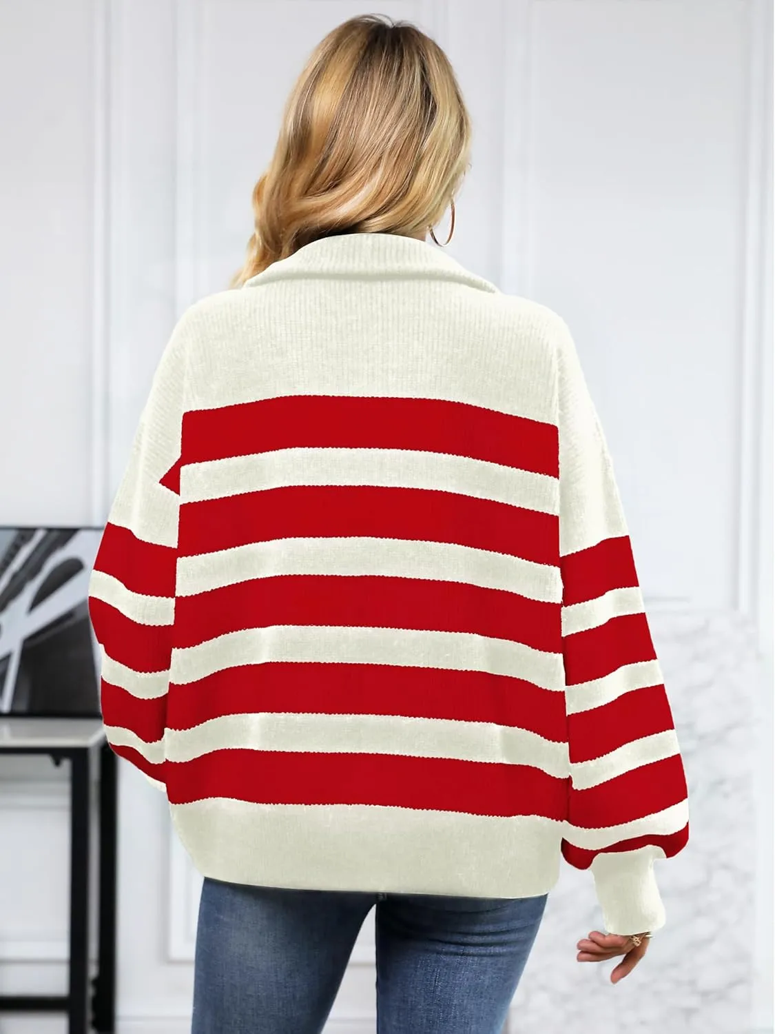 SuperPrity Womens Sweaters Oversized Striped Quarter Zip Long Sleeve V Neck Knit Pullover Tops 2024 Fall Fashion Clothes