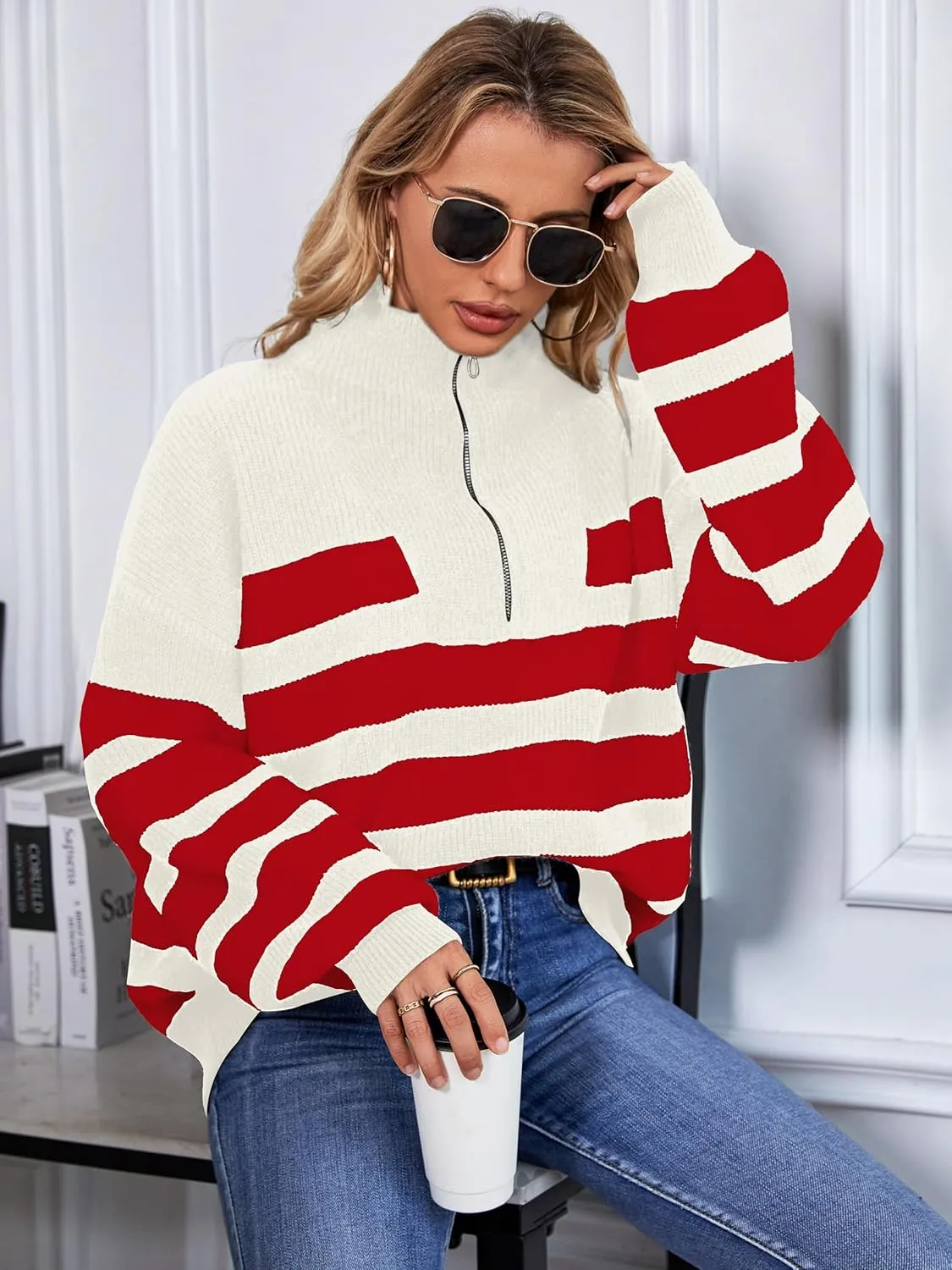 SuperPrity Womens Sweaters Oversized Striped Quarter Zip Long Sleeve V Neck Knit Pullover Tops 2024 Fall Fashion Clothes