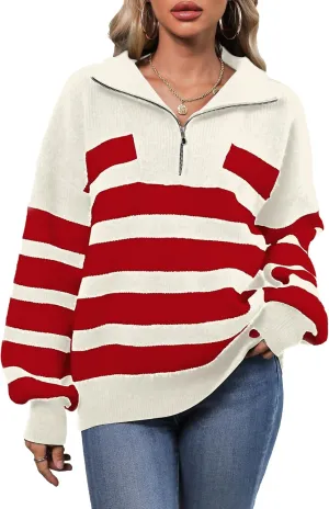 SuperPrity Womens Sweaters Oversized Striped Quarter Zip Long Sleeve V Neck Knit Pullover Tops 2024 Fall Fashion Clothes