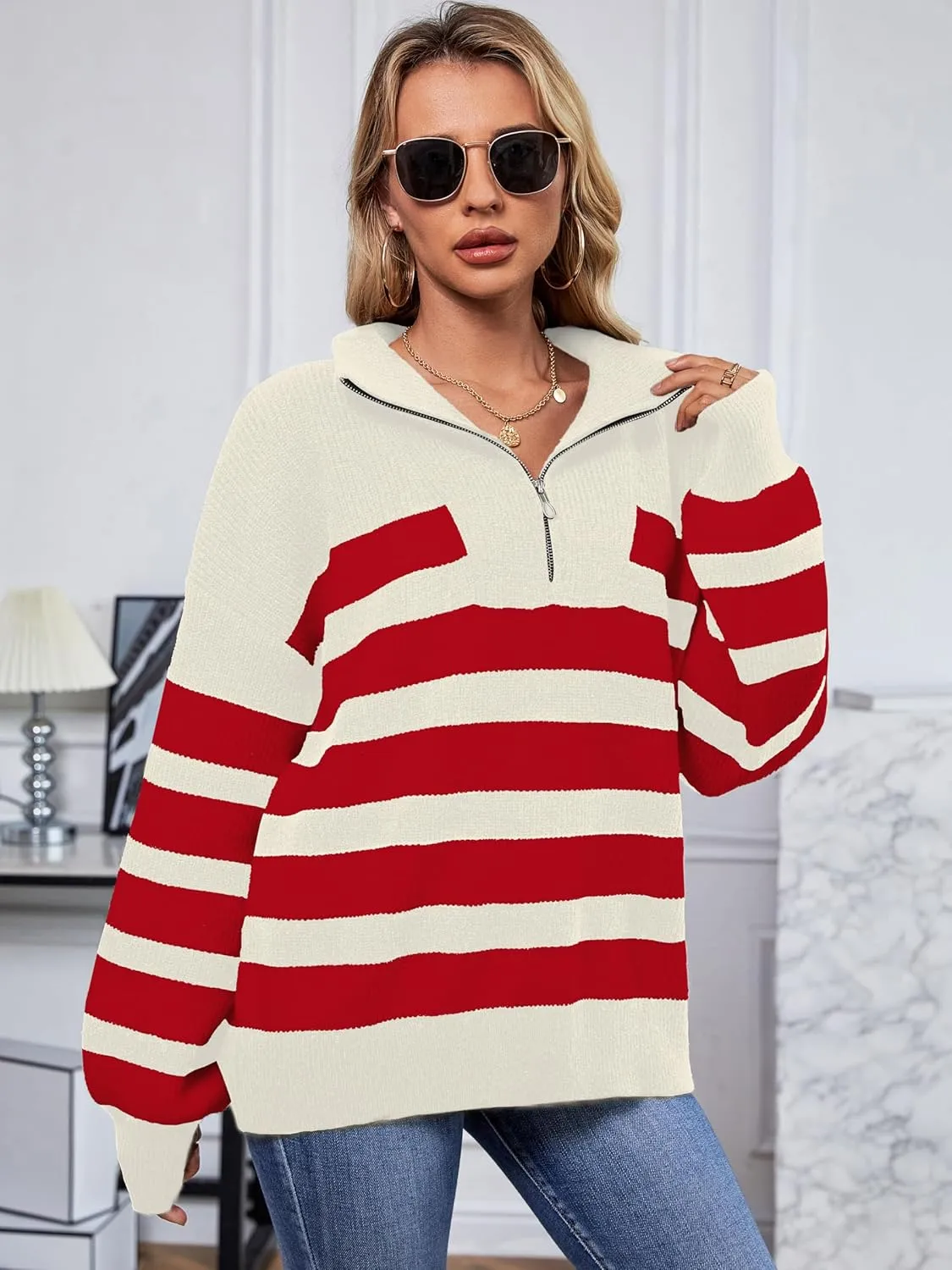 SuperPrity Womens Sweaters Oversized Striped Quarter Zip Long Sleeve V Neck Knit Pullover Tops 2024 Fall Fashion Clothes