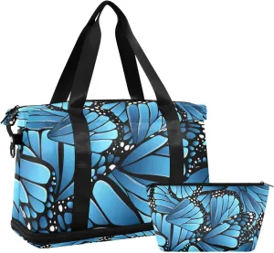 susiyo Travel Duffel Bags for Women, Blue Butterfly Wings Sports Duffel Bags Gym Bags with Shoes Compartment, Tote Bag Weekender Bag for Travelling