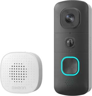 Swann EVO Video Doorbell: HD Video, Wired or Wire-Free, 140° Head-to-Toe View, Advanced Person/Sound/Motion Detection, Live View, Night Vision, 2-Way Talk, Local/Cloud Storage, Weatherproof, w/Chime.