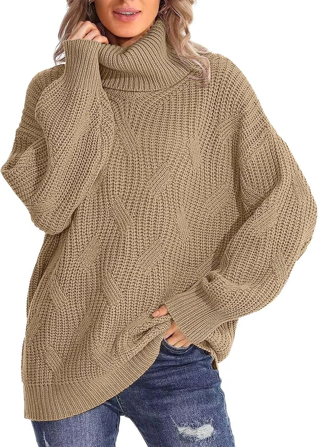 Sweaters for Women Oversized Long Sleeve Turtleneck Pullovers Comfortable Casual Cable Knit Sweaters