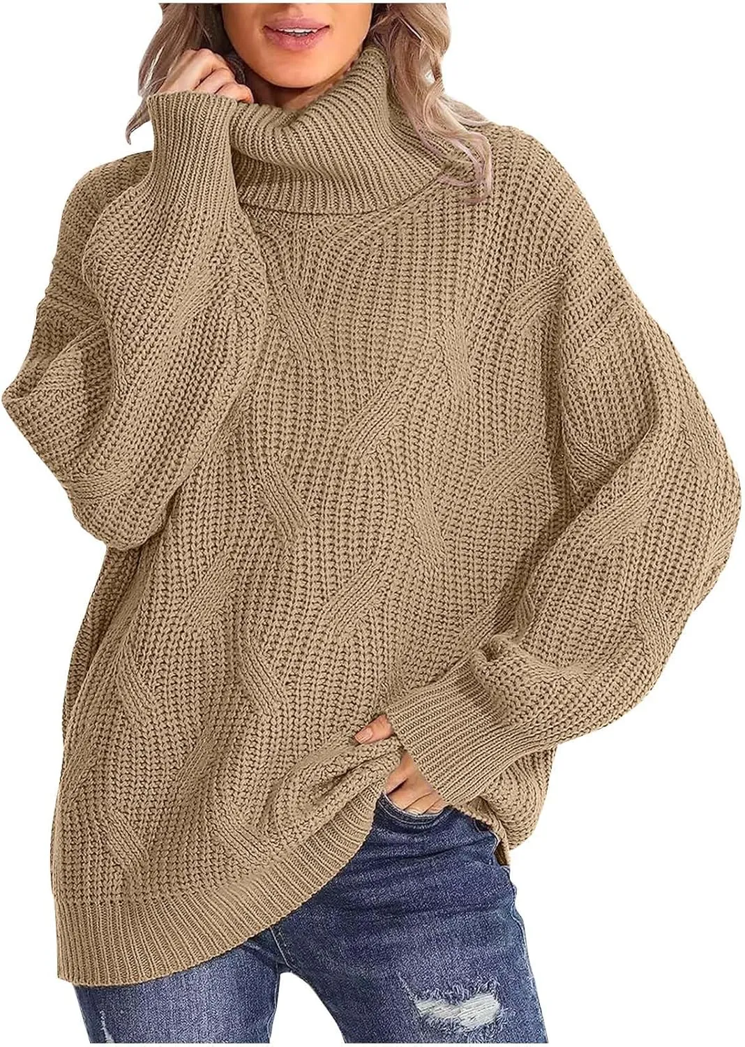 Sweaters for Women Oversized Long Sleeve Turtleneck Pullovers Comfortable Casual Cable Knit Sweaters