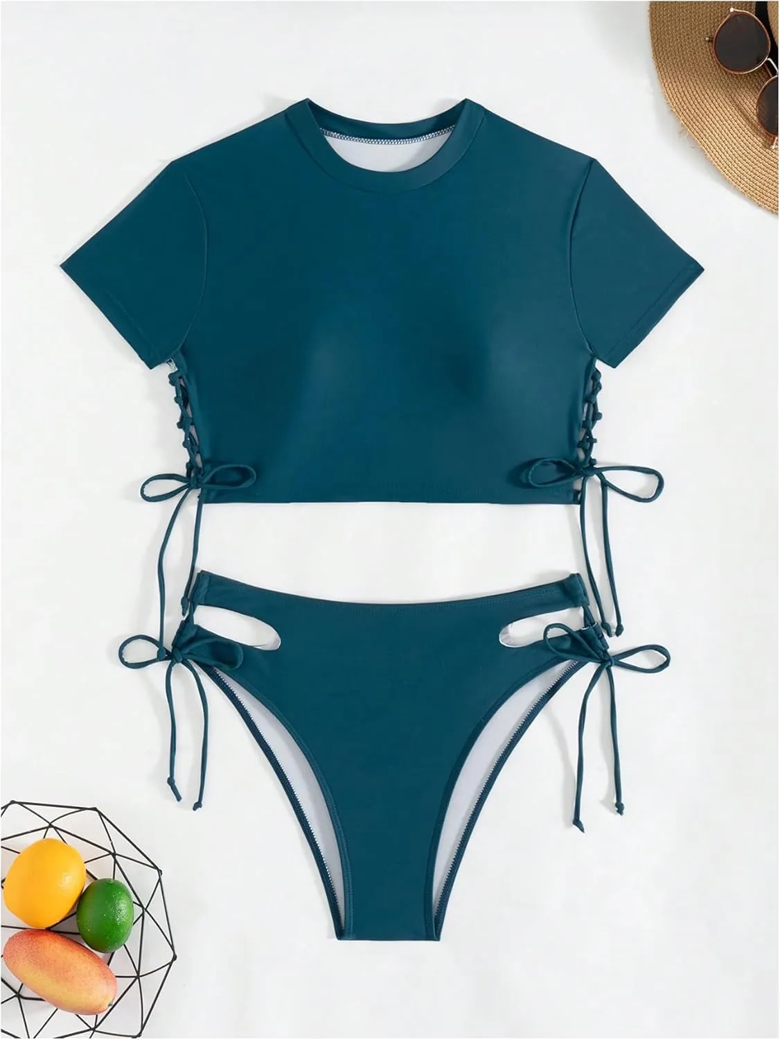 SweatyRocks Women's 2 Piece Rash Guard Swimsuit Drawstring Cut Out Short Sleeve Bikini Set